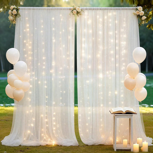 10×10ft Tulle Backdrop Curtains with Lights String - 300LED Fairy Lights Sheer Curtain Backdrop for Weddings Baby Shower and Birthday Party Decorations(4 Panels 5×10ft)