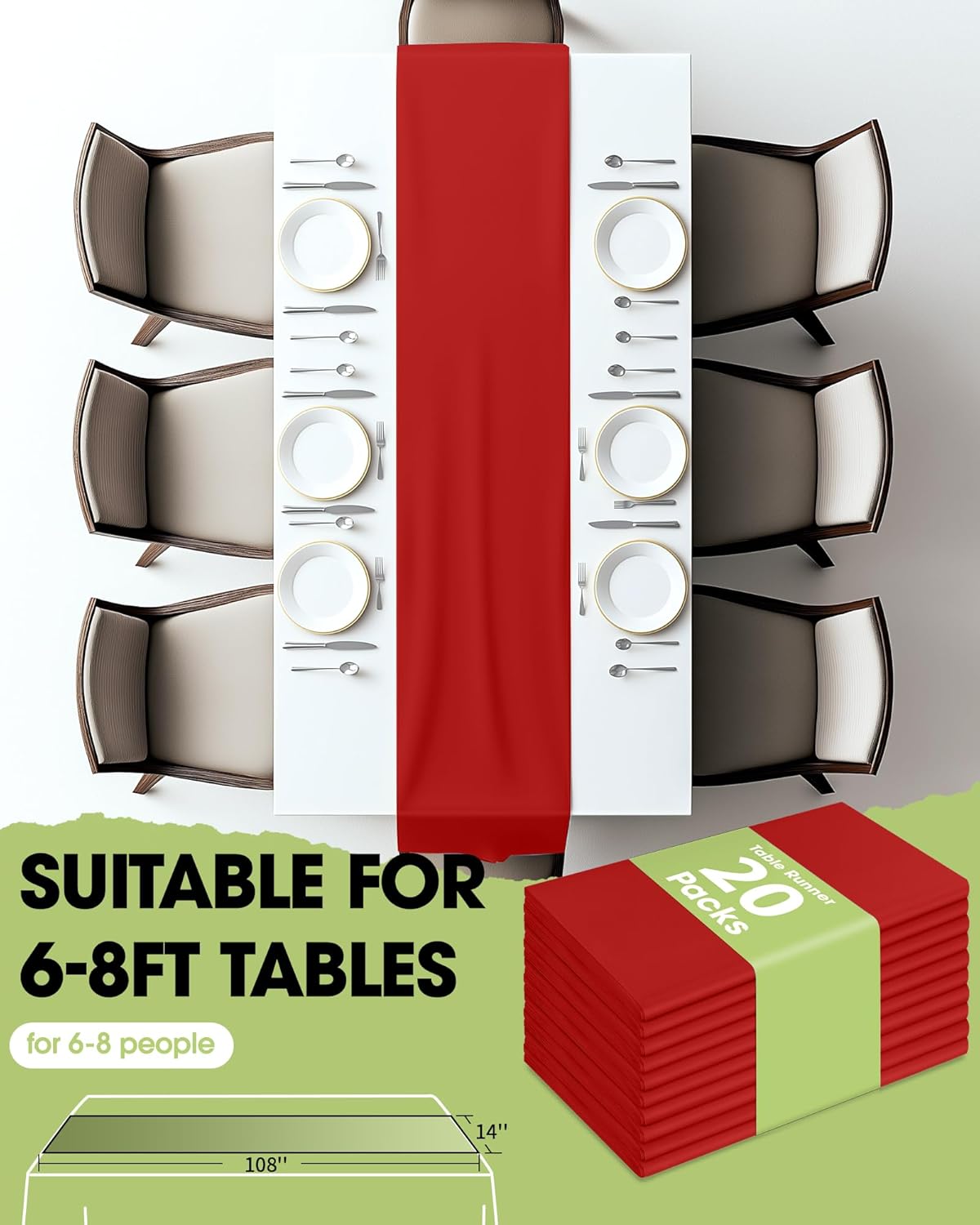 Pureegg Red Plastic Table Runners - 20 Pack, 14'' x 108'', Water Resistant & Disposable Centerpiece Decorations for Table Cloth, Wedding, Birthday, Holiday, Baby Shower, Party, Home Decor