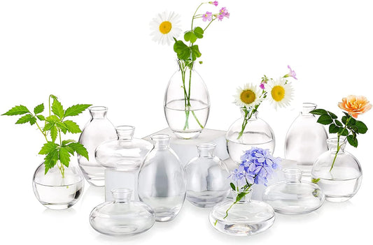 Glass Bud Vases Set of 12, Hewory Cute Clear Small Vases Handmade, Mini Glass Flower Vase for Floral Arrangement, Tiny Centerpiece for Wedding Party Events Home Office Table Decor (Not Include Flower)