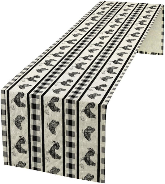 Rooster Table Runner,Farmhouse Animal Vintage Chicken Black White Plaid Check Tablecloth Burlap for Hotel Indoors Outdoor Dining Room Kitchen Home Decor,W13X L90 in