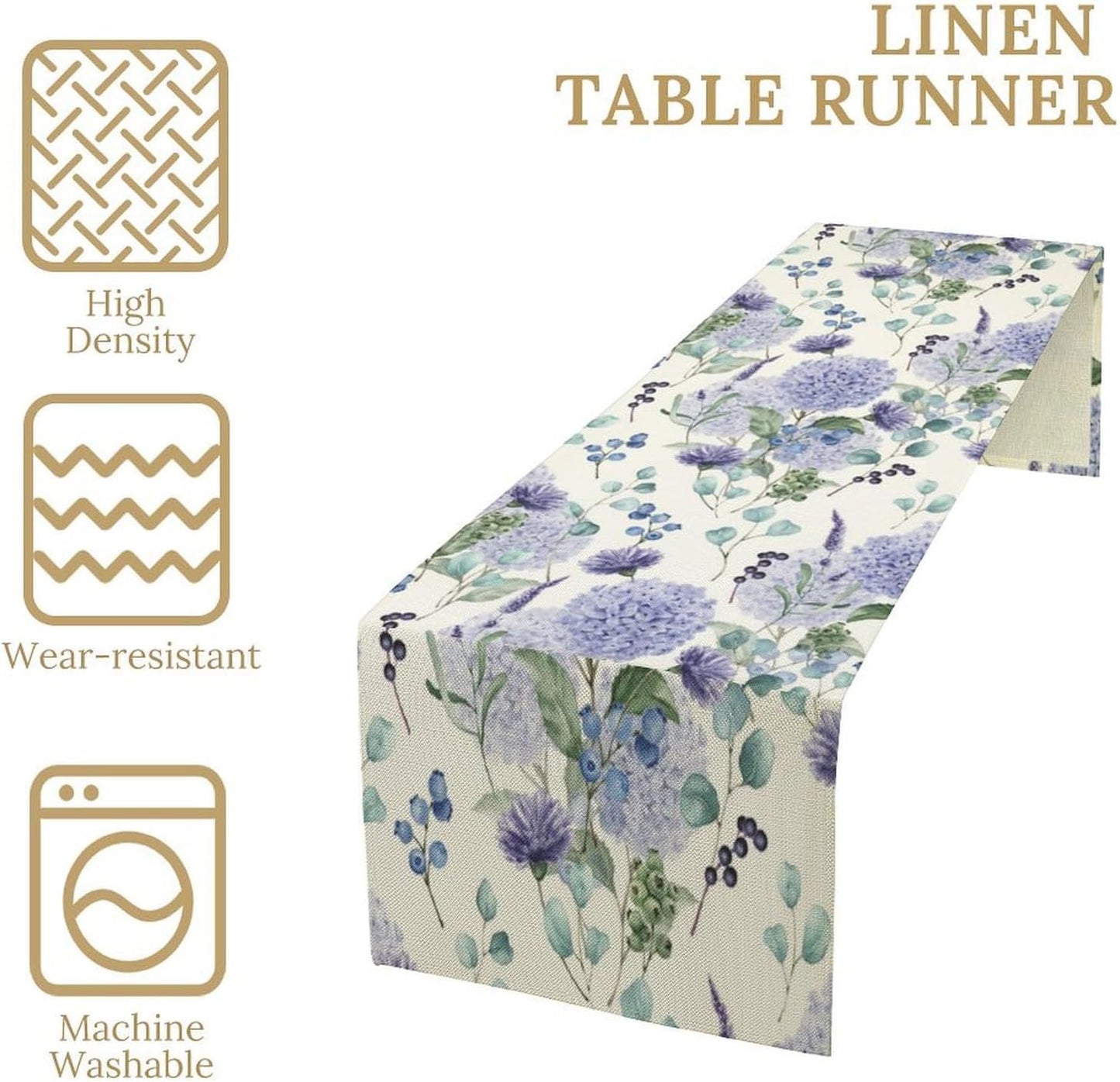 Spring Hydrangea Flower Table Runner, Seasonal Summer Plants Watercolor Eucalyptus Leaves Purple Florals Dinner Runner for Home Kitchen Dining Table Party Holiday Decoration 13"x120"