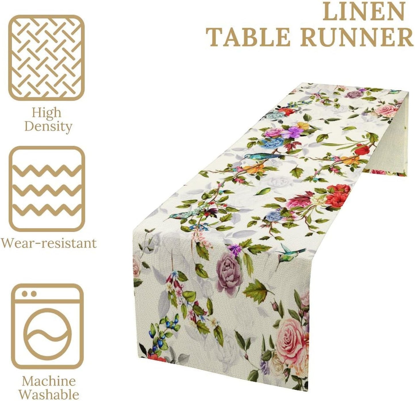 Vintage Bird Flower Table Runner Seasonal Spring Summer Garden Plants Farmhouse Country Kitchen Dinner Runner Dining Table Decoration for Home Party Holiday 13"x108"