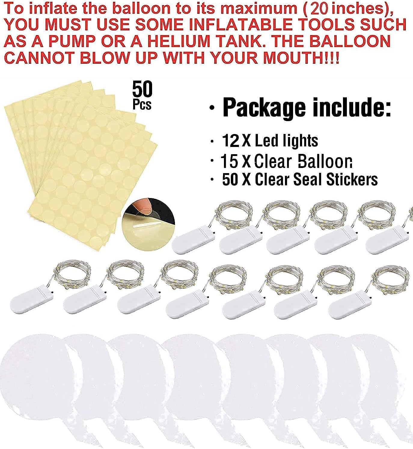 Light up led balloons, 12 set String LED Bubble Balloons with 15pcs 24inch clear balloons for Helium tank, Christmas, Birthday Wedding House Decoration, Party Decoration（cold white with battery）