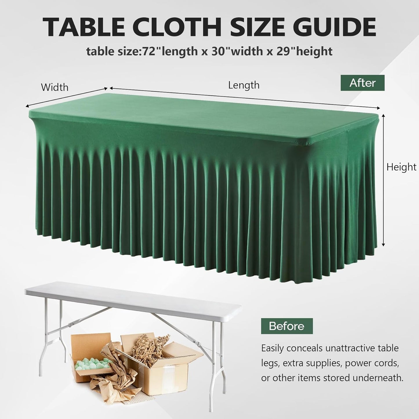 Wish Care 2 Pack Hunter Green Stretch Spandex Table Clothes for 6 Foot Rectangle Tables, 6FT Wrinkle Free Fitted Tablecloths Ruffles Design Table Cover for Party, Banquet, Wedding and Events