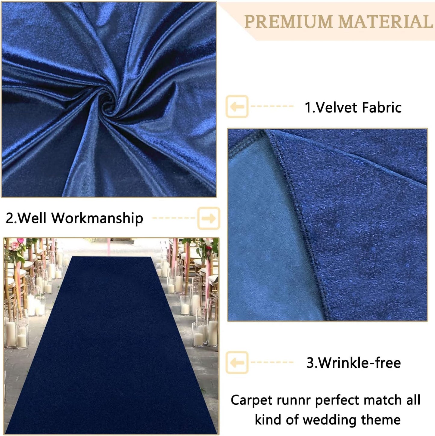 MODFUNS Aisle Runners for Wedddings Navy Blue Aisle Runner Rug 4FTx25FT Velvet Carpet Wedding Runner Bridal Shower Runway Carpet with Carpet Tapes Vintage Wedding Rug Beach Party Decorations