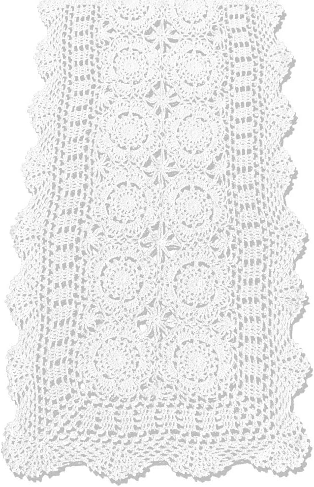 KEPSWET Cotton Handmade Crochet Lace Table Runner White Rectangle Coffee Table Dresser Decor (14x96 inch)
