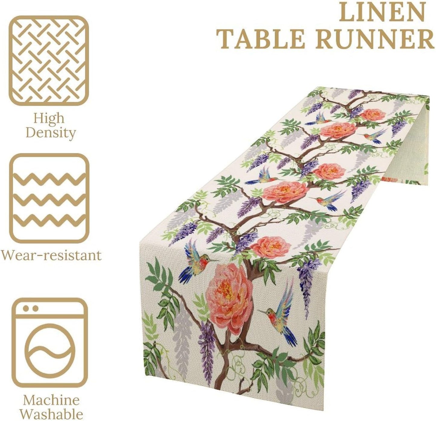 Vintage Bird Flower Table Runner Seasonal Spring Purple Wisteria Garden Plants Lavender Pink Florals Farmhouse Country Kitchen Dinner Runner Dining Table Decoration for Home Party Holiday 13"x120"