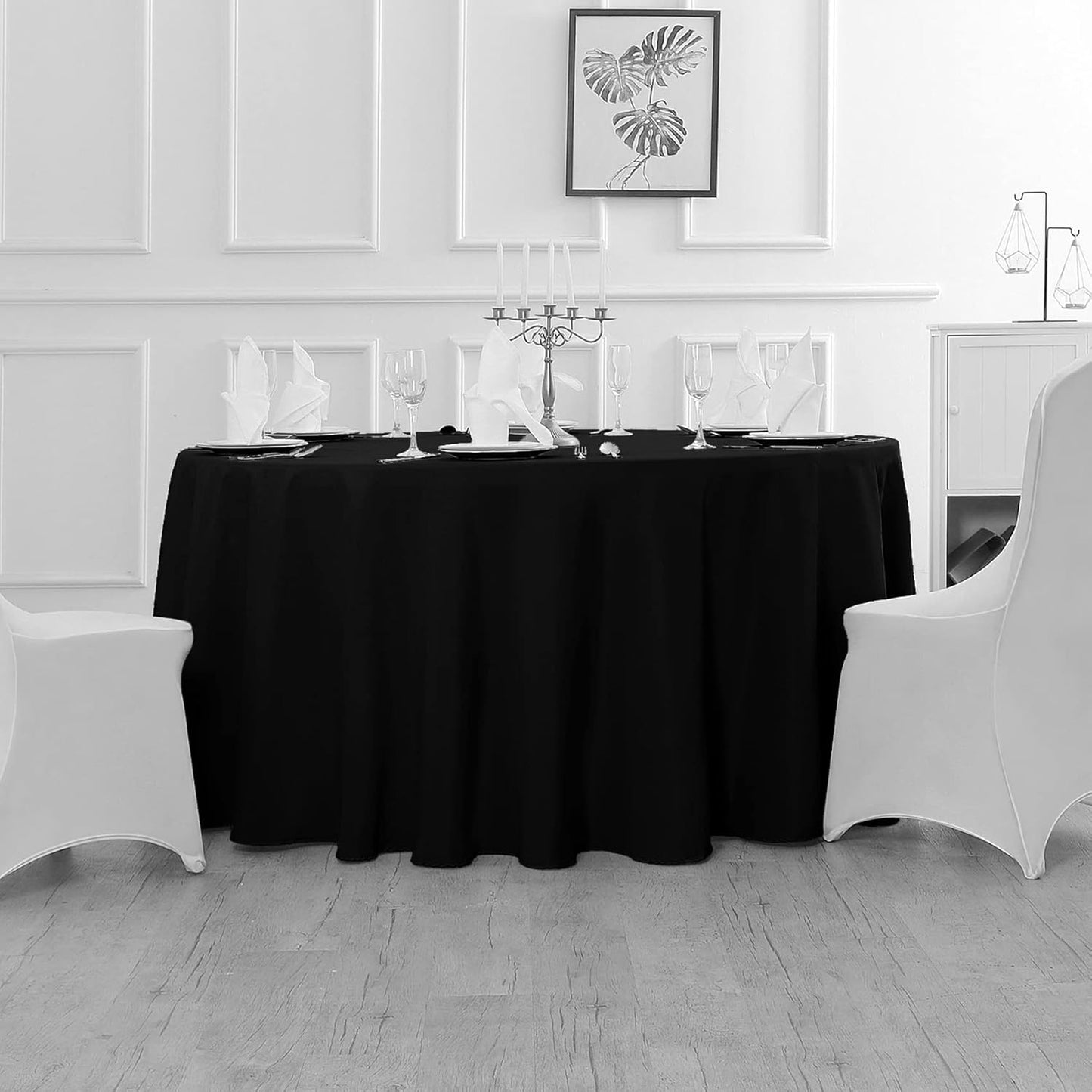 Fokitut 2 Pack Waterproof Round Tablecloth, 108 Inch, Stain Resistant and Wrinkle Polyester Table Cloth, Fabric Table Cover for Kitchen Dining, Wedding, Party, Holiday Dinner-Black