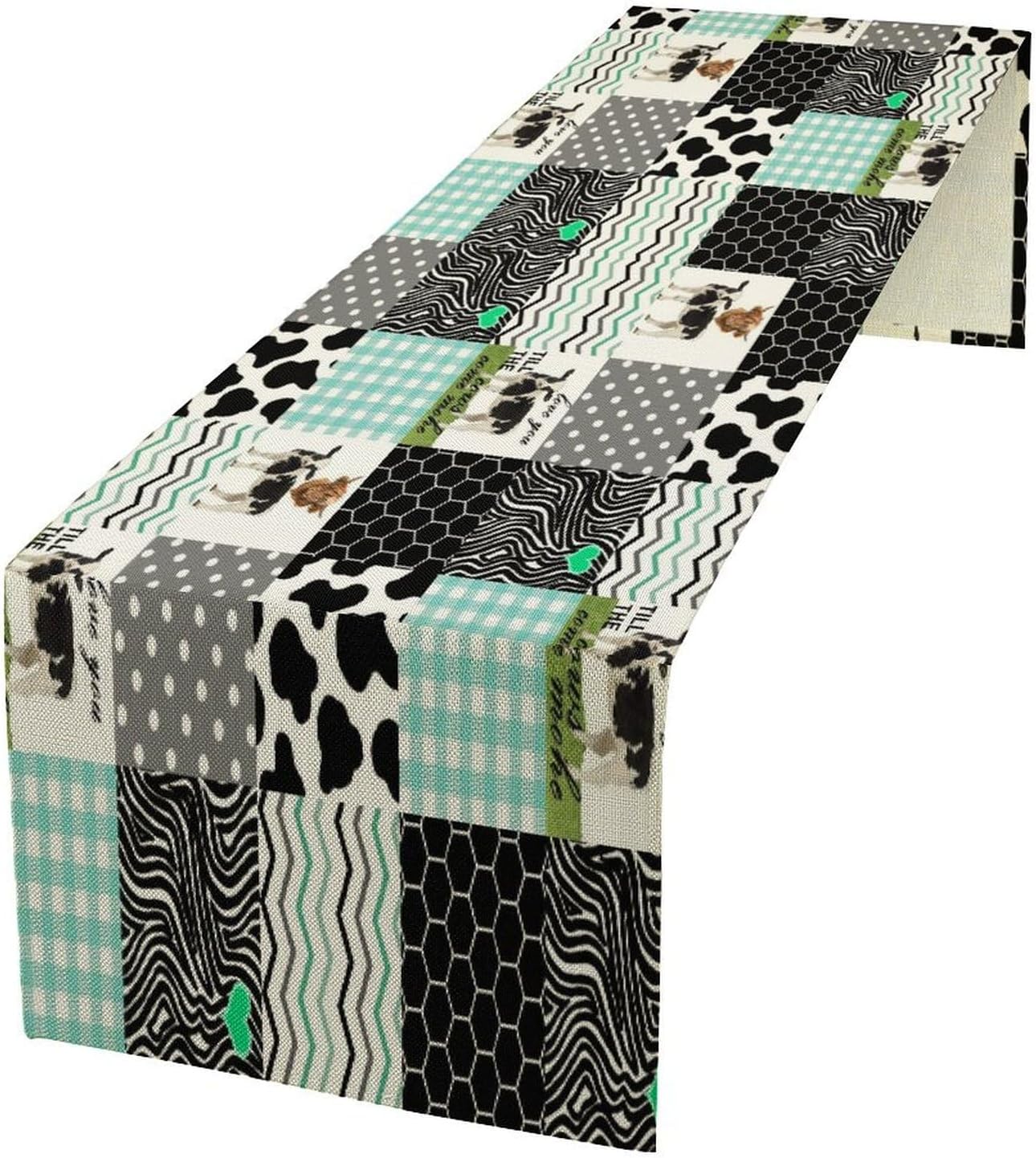 Cute Cow Print Table Runner,Farm Animals Honeycomb Plaid Stripes Cowhide Pattern Tablecloth Burlap for Hotel Indoors Outdoor Dining Room Kitchen Table Decor, 13x36in