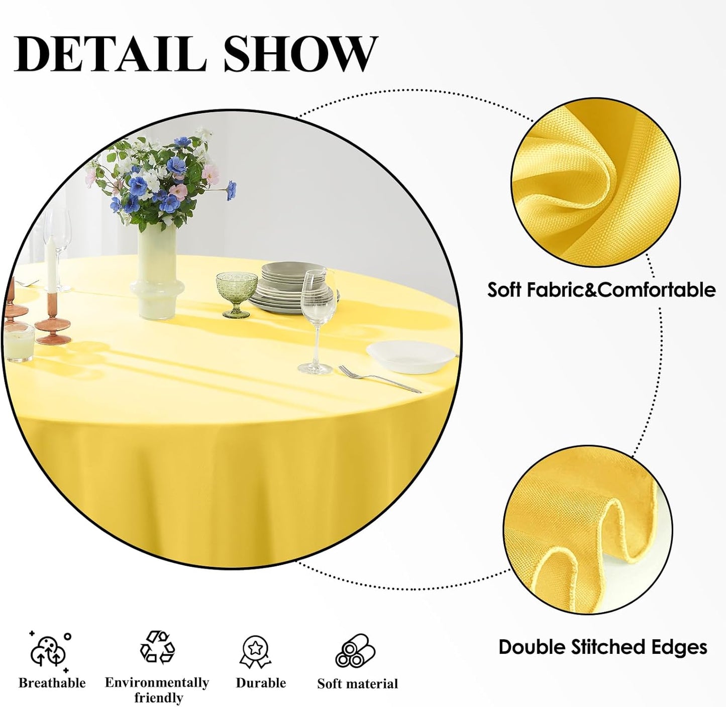 Round Tablecloth 132 Inch 2 Pack Yellow Tablecloths Washable Decorative Linen Polyester Table Clothes Cover for Dining Table Banquets Buffet Parties and Wedding