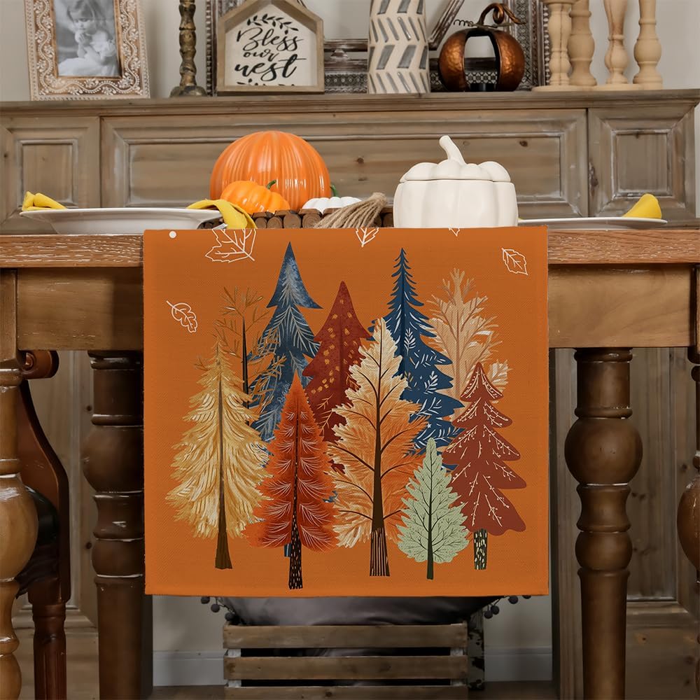 GEEORY Fall Watercolor Trees & Maple Leaves Table Runner 13x48 Inch, Rustic Farmhouse Autumn Thanksgiving Decor for Kitchen, Dining, Indoor/Outdoor Holiday Dinner Party Orange GT158-48