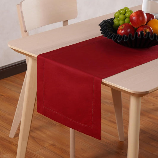 Red Table Runner 72 Inch – Cotton Linen Hemstitch Farmhouse Table Runner 14x72 – Washable Fabric for Dining, Fall, Halloween, Thanksgiving, Spring, Summer, Wedding, Everyday Décor – Serena