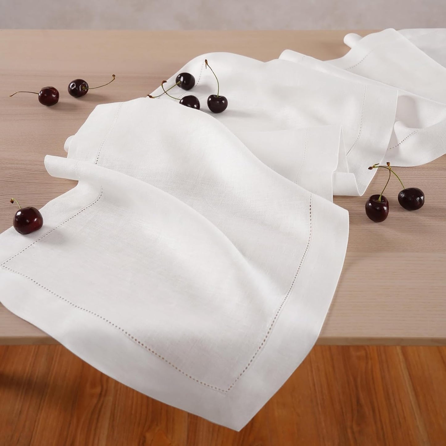Linen Table Runner 14 x 120 Inch Long - 100% Pure Linen Christmas White Table Runner - Cloth Fabric Hemstitch Runner for Thanksgiving, Christmas, Winter, New Year - Elara