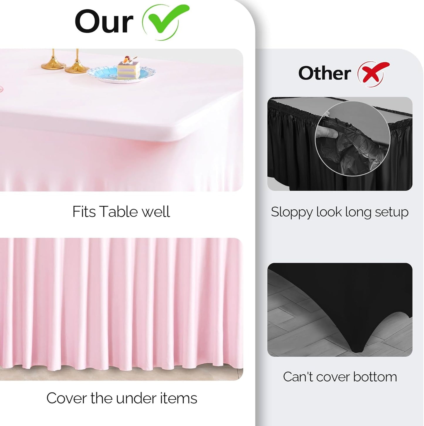 Wish Care 6 Pack Pink Spandex Table Clothes for 8 Foot Rectangle Tables, 8FT Wrinkle Free Fitted Tablecloths Ruffles Design Table Cover for Party, Banquet, Wedding and Events