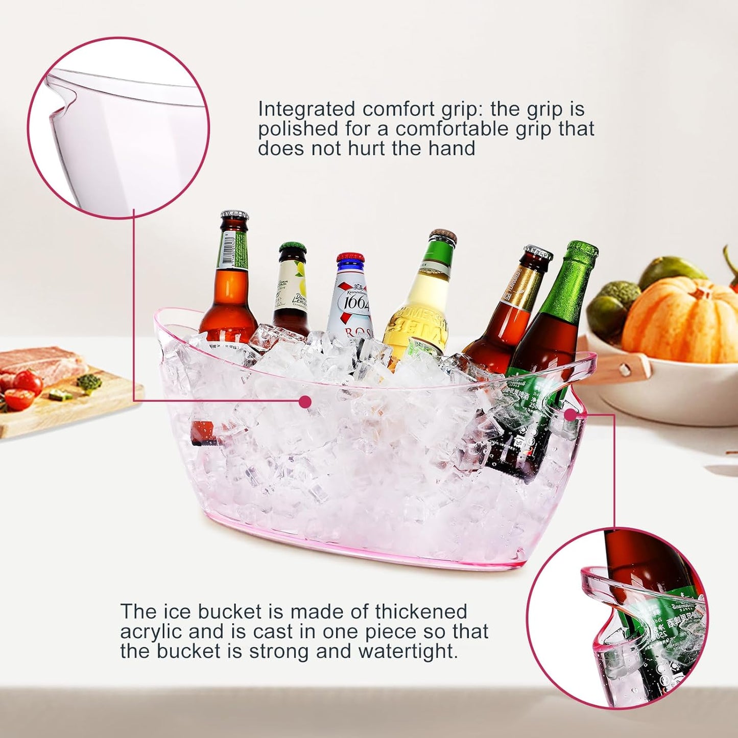 Ice Bucket 2 PCS,Acrylic Ice Buckets for Parties, Mimosa Bar Supplies Beverage Tub and Scoops for Champagne Beer Sparkling Wine Cocktails（5.5L）Extra Large Model (Clear) (pink)