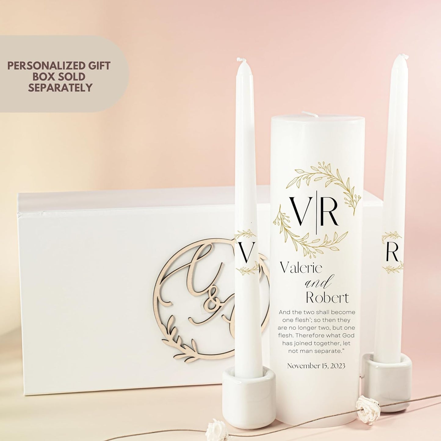 Unity Candles for Wedding, Modern Unity Set, Custom and Personalized Pillar and Taper Candles with Bible Quote, Unscented White Premium Wax, Religious and Wedding Ceremony, Special Events (Laurel)