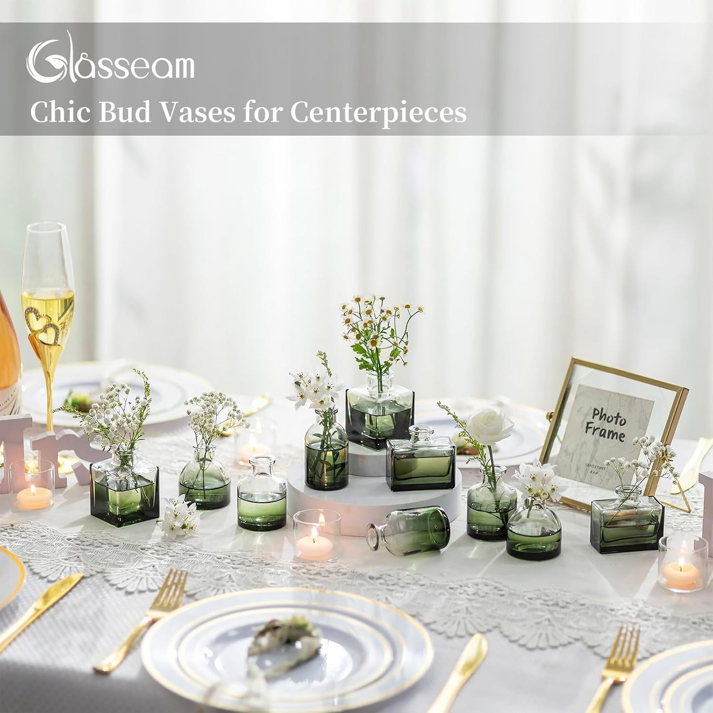Glasseam Mini Bud Vases for Centerpieces: Clear Small Flower Vase Set of 20 Cute Tiny Glass Table Centerpieces Modern Wedding Birthday Party Baby Shower Dining Room Decoration Green