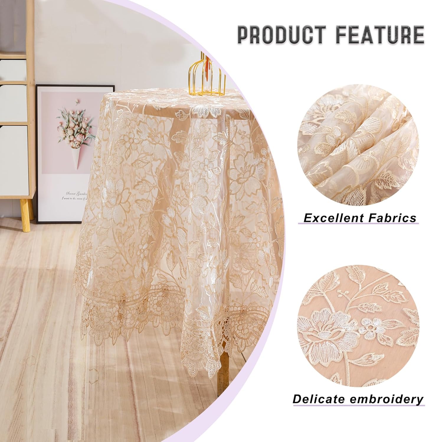 Round Embroidered Lace Tablecloth Vintage Decorative Exquisite Border Table Cover for Party Wedding Home Decorations, Round-60, Beige