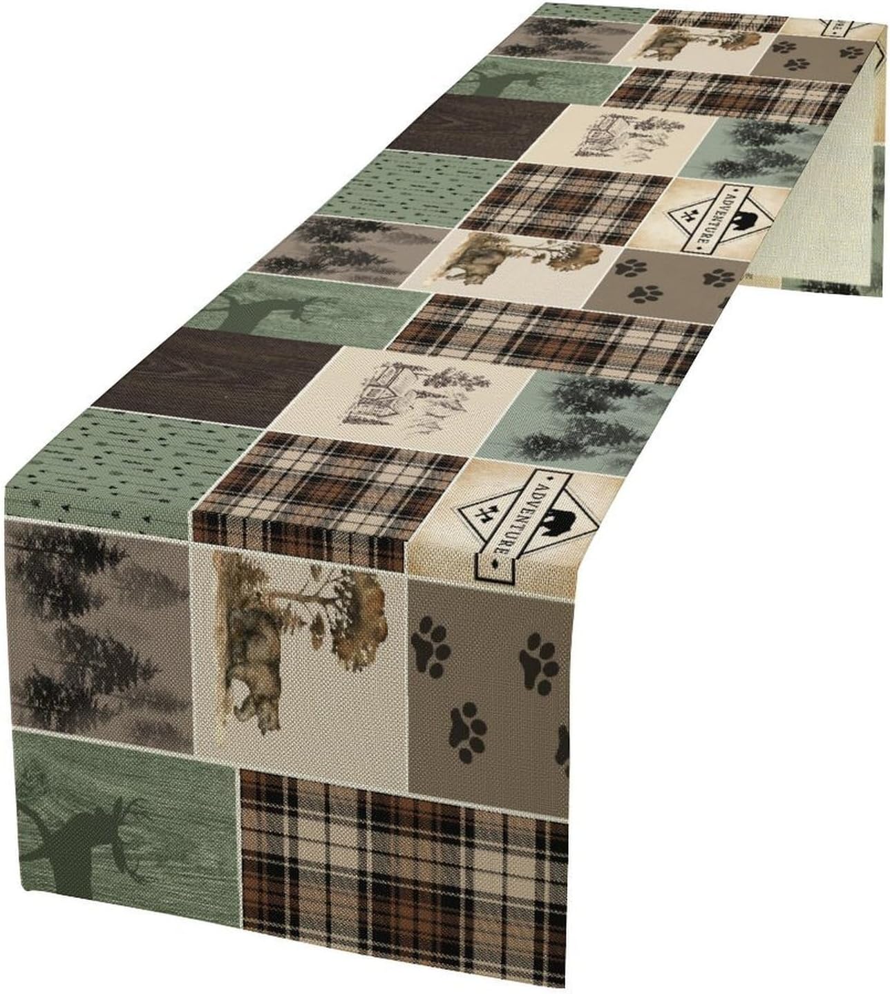 Bear Deer Table Runner,Rustic Lodge Retro Country Farmhouse Buffalo Plaid Print Tablecloth Burlap for Hotel Indoors Outdoor Dining Room Kitchen Home Decor,W13X L108 in