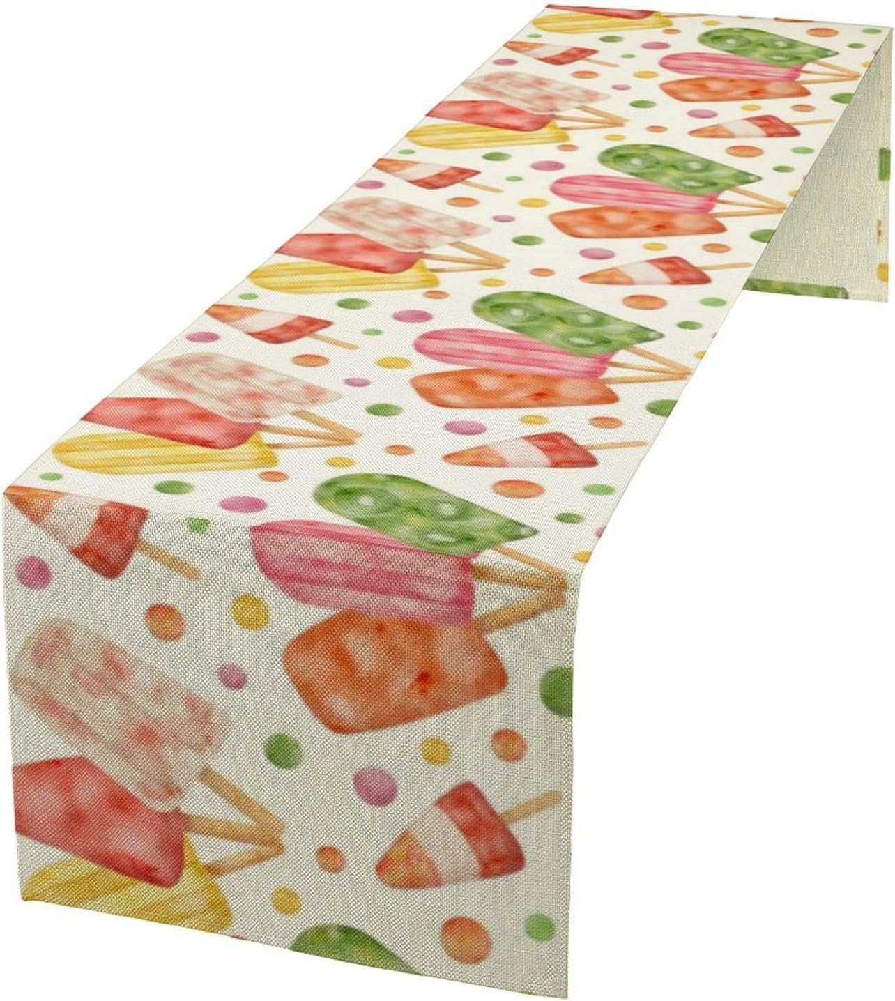 Summer Popsicles Table Runner, Watercolor Colorful Fruit Ice Cream Pops Berry Kiwi Cold Summer Sweet Seasonal Dinner Runner for Party Holiday Home Kitchen Dining Table Decor 13"x70"