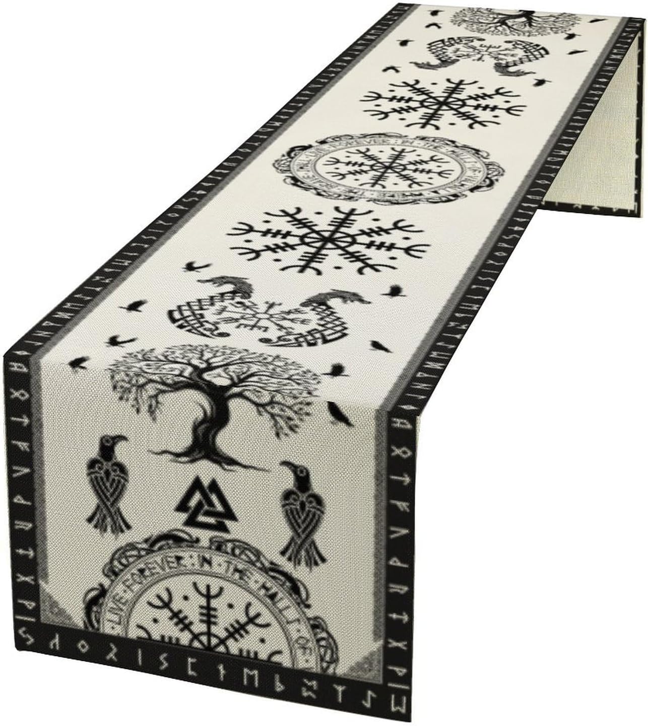 Ancient Abstract Pattern Table Runner, Tree of Life Eagle Dragon Boat Rudder Black and White Table Runner 13x60 Inch