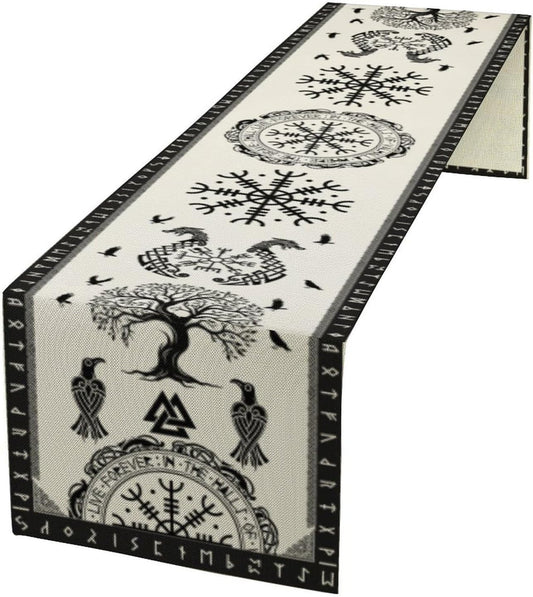 Ancient Abstract Pattern Table Runner, Tree of Life Eagle Dragon Boat Rudder Black and White Table Runner 13x60 Inch