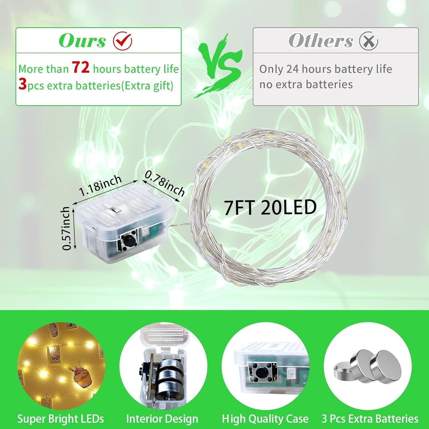 Green Fairy Lights 100 Pack 7Ft 20 LED Twinkle String Lights 3 Modes Battery Operated Waterproof Firefly Starry for Mason Jar Party Wedding Christmas Valentines Day Table Centerpieces