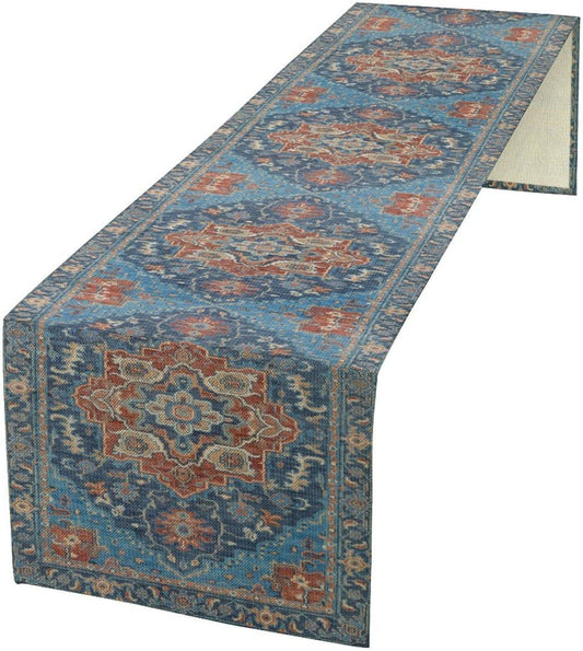 Boho Floral Vintage Table Runner, Retro Abstract Blue Flower Rustic Country Farmhouse Pattern for Home Kitchen Table Decor Dining Coffee Room Party Decor 13x72in