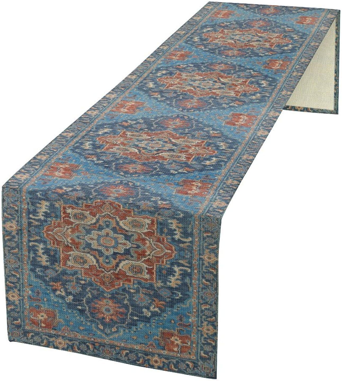 Boho Floral Vintage Table Runner, Retro Abstract Blue Flower Rustic Country Farmhouse Pattern for Home Kitchen Table Decor Dining Coffee Room Party Decor 13x108in