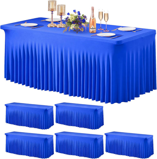 Wish Care 6 Pack Royal Blue Spandex Table Clothes for 8 Foot Rectangle Tables, 8FT Wrinkle Free Fitted Tablecloths Ruffles Design Table Cloth for Party, Banquet, Wedding and Events