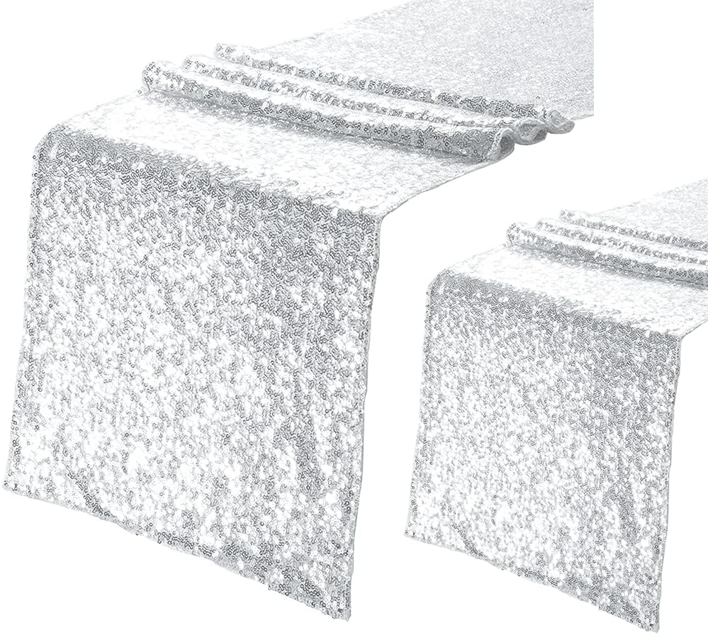 Eternal Beauty Silver Table Runner, 2PCS-12X72 Sequin Table Runner Decorations for Birthday Parties, Banquets, Graduations,Christmas