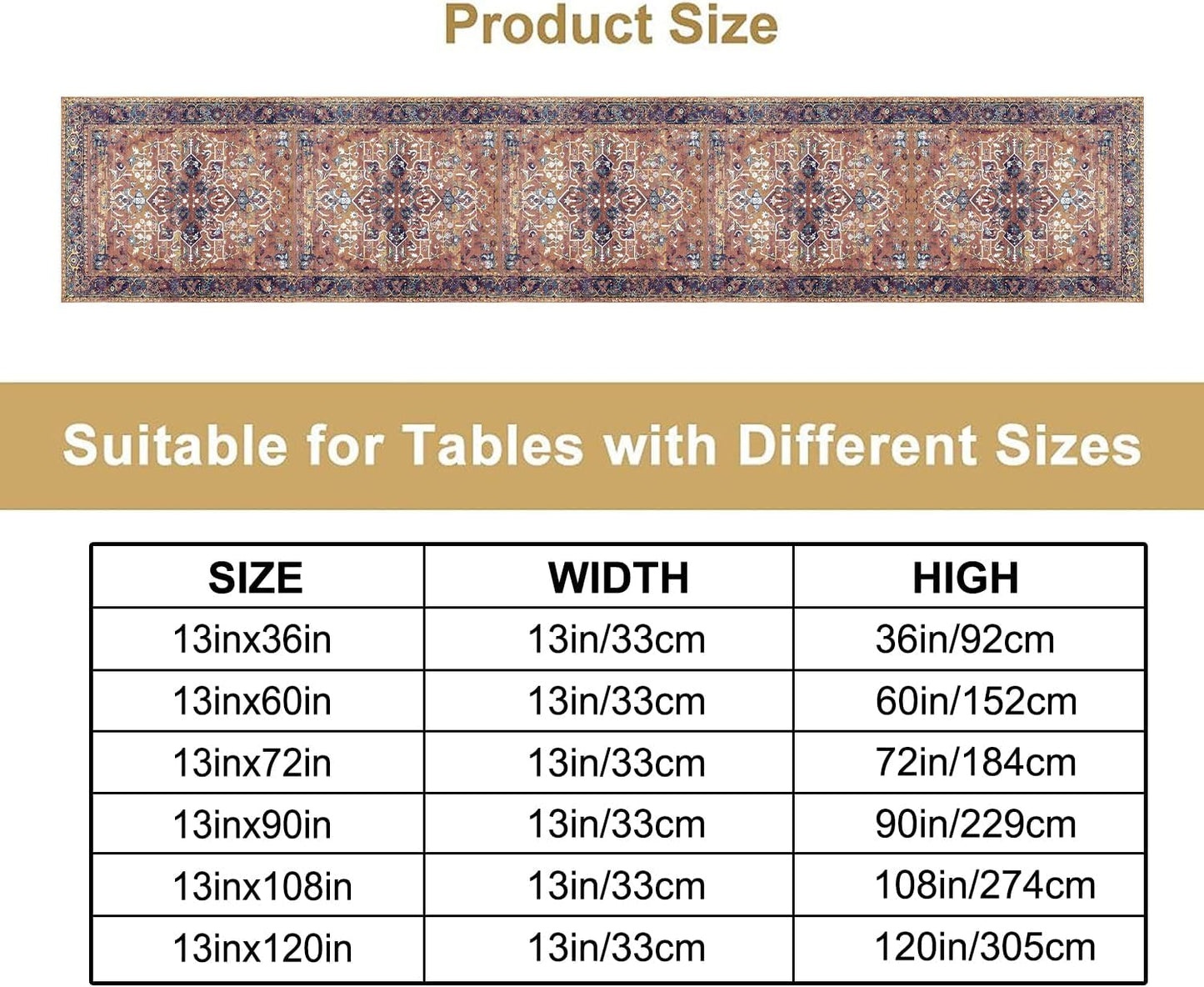 Boho Floral Vintage Table Runner, Purple Brown Retro Flower Rustic Country Farmhouse Abstract Pattern for Home Kitchen Table Decor Dining Coffee Room Party Decor 13x120in