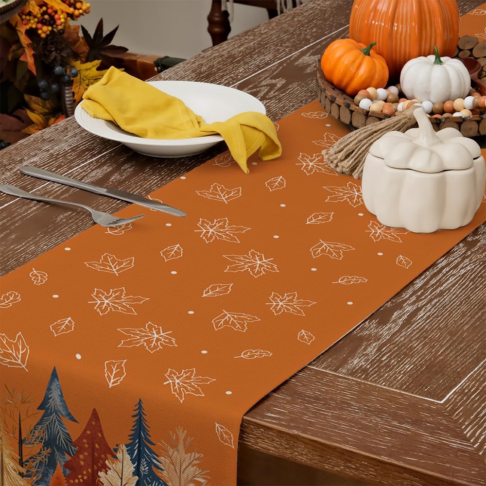 GEEORY Fall Watercolor Trees & Maple Leaves Table Runner 13x48 Inch, Rustic Farmhouse Autumn Thanksgiving Decor for Kitchen, Dining, Indoor/Outdoor Holiday Dinner Party Orange GT158-48