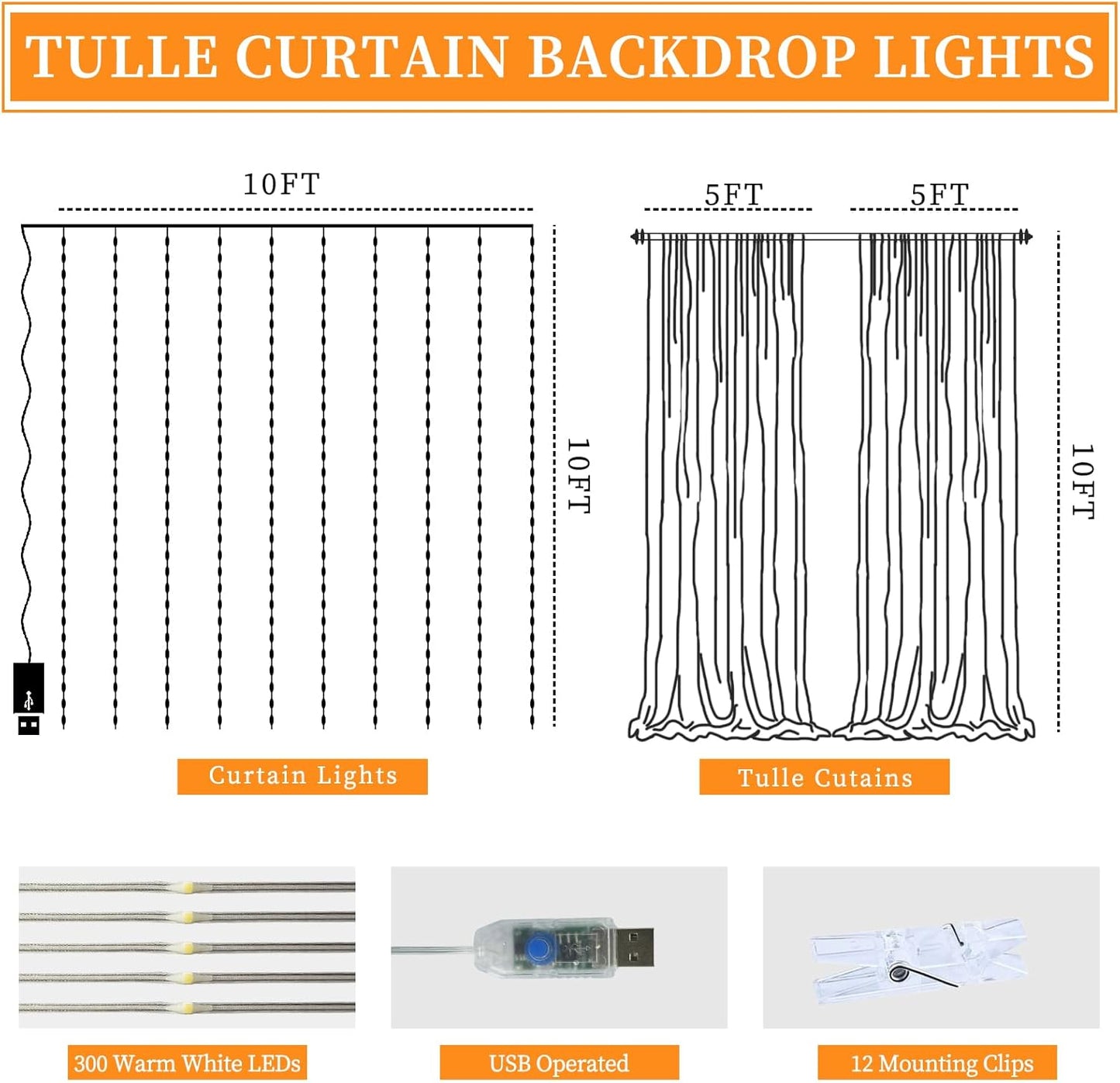 10x10ft Ivory Tulle Backdrop Curtain with String Lights, Wrinkle-Free Sheer Wedding Backdrop for Birthday Parties, Baby Showers, Bridal Showers, Photo Shoots and Home Decorations, Ivory