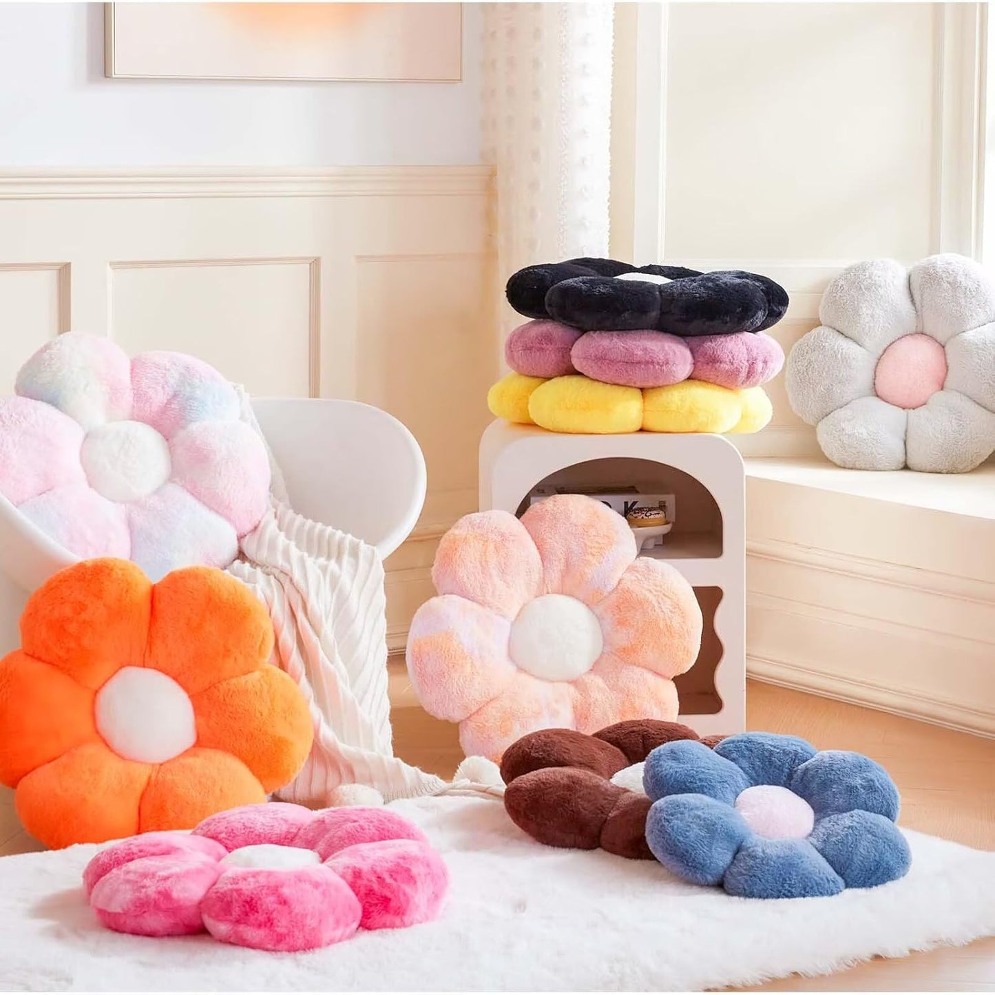 Beige Flower Pillow, Cute Decorative Flower Shaped Throw Pillow with Faux Rabbit Fur, 14.9" Soft Flower Plush Throw Pillow Floor Pillows Room Décor for Bedroom Living Room