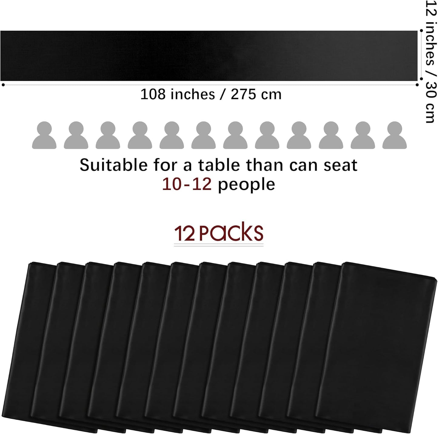 Aneco 12 Pack Satin Table Runner 12 x 108 Inch Black Long Wedding Satin Silk Table Runner for Wedding Banquet Graduations Birthday Party Decoration