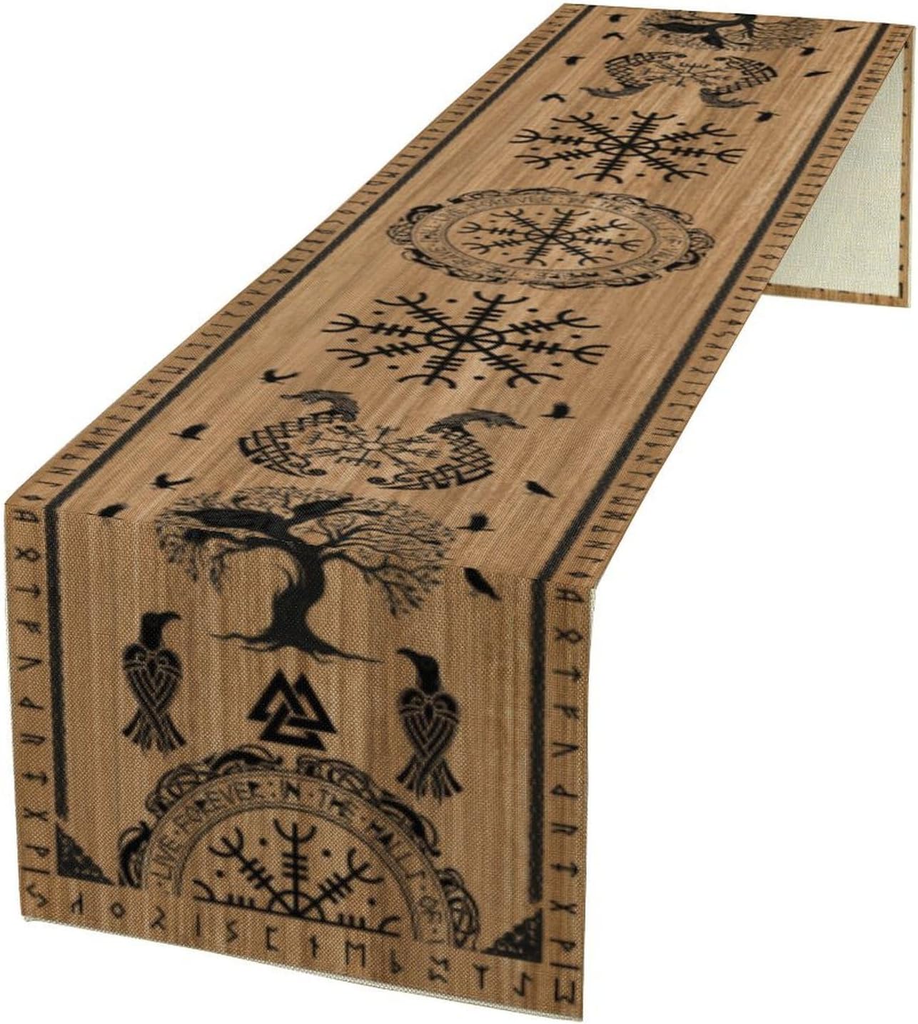 Viking Tree of Life Table Runner, Wooden Printed Eagle Dragon Boat Rudder Seasonal Kitchen Dining Table Decoration for Home Party 13x36 Inch