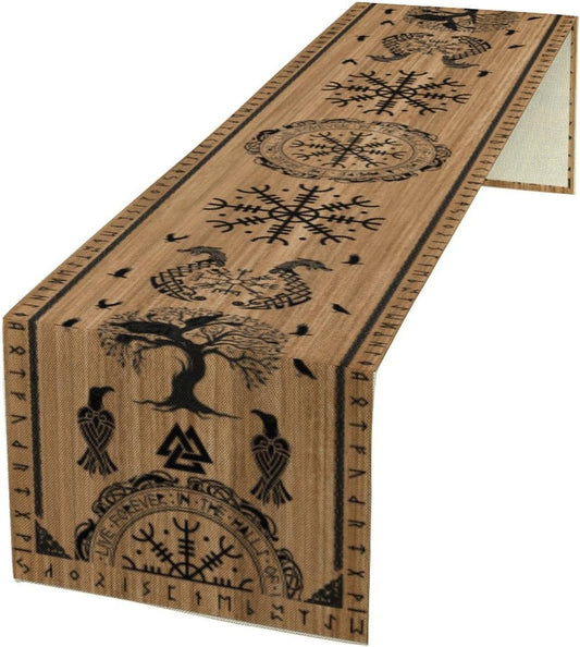 Viking Tree of Life Table Runner, Wooden Printed Eagle Dragon Boat Rudder Seasonal Kitchen Dining Table Decoration for Home Party 13x60 Inch