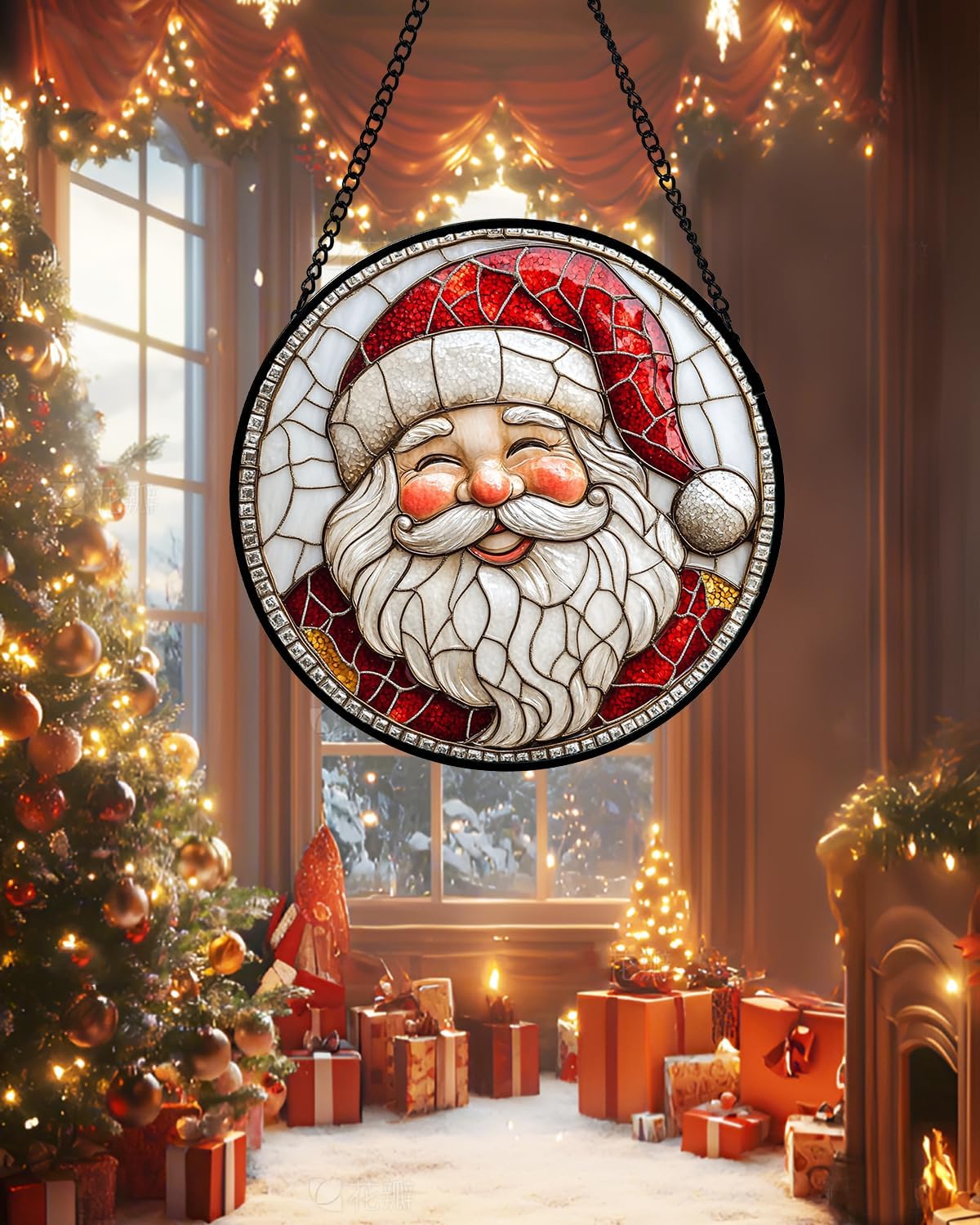 Stained Glass Window Hanging - Red White Santa Claus Suncatcher for Doors Home Christmas Decoration Winter Sun Catcher Thanksgiving New Year Birthday Gifts for Women Men Mom Nana Girl 9.8 in