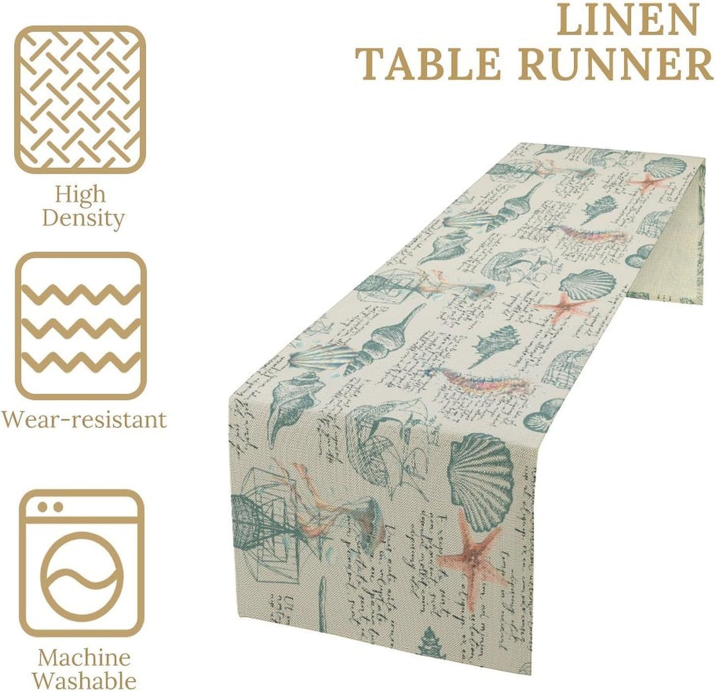 Starfish Table Runner,Seashells Beach Coastal Nautical Sailboat Jellyfish Vintage Hand Drawn Burlap for Hotel Indoors Outdoor Dining Room Kitchen Table Decor, 13x90in