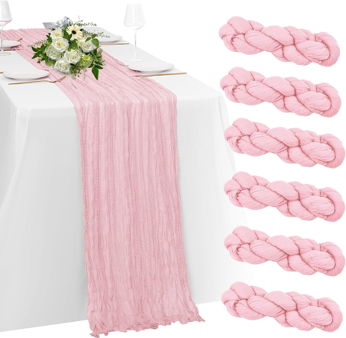 6 Pack Light Pink Cheesecloth Table Runner 23x120 inch Rustic Boho Gauze Table Runner 10 FT Long Sheer Cheese Cloth Fabric Table Runners for Romantic Wedding Bridal Shower Birthday Party Decor