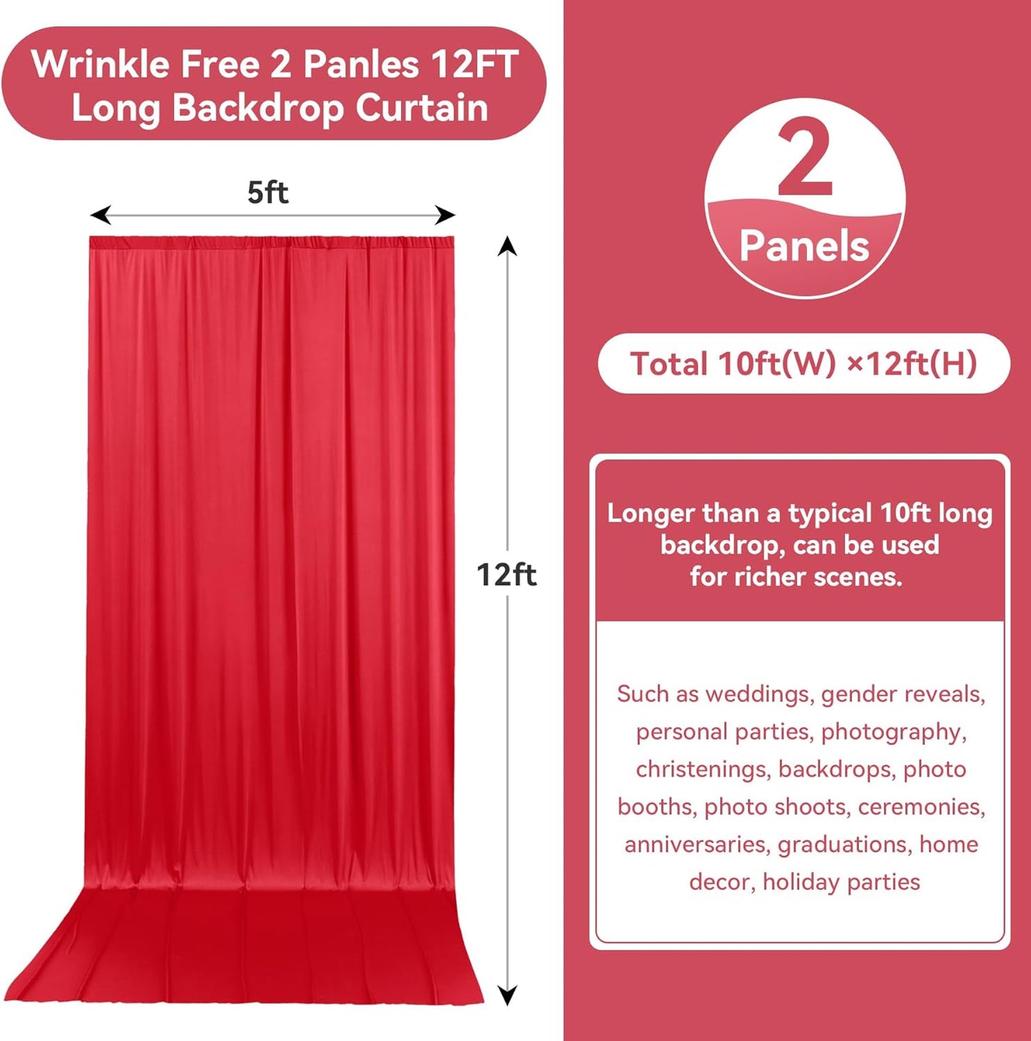 10ftx12ft Wrinkle Free Red Backdrop Curtain, 2 Panels 12FT Height Red Wedding Backdrop Drapes, Silky Polyester Back Drop Cloth for Birthday Photography Background Party Backdrop Draping