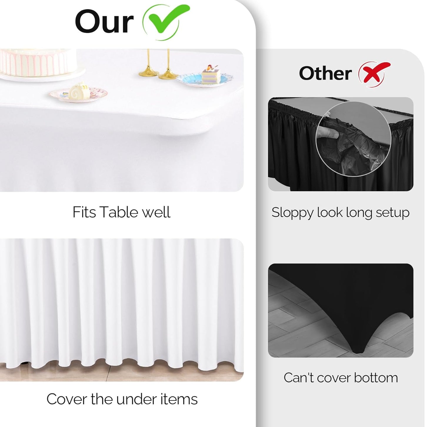 Wish Care 6 Pack White Spandex Table Clothes for 4 Foot Rectangle Tables, 4FT Wrinkle Free Fitted Tablecloths Ruffles Design Table Cover for Party, Banquet, Wedding and Events