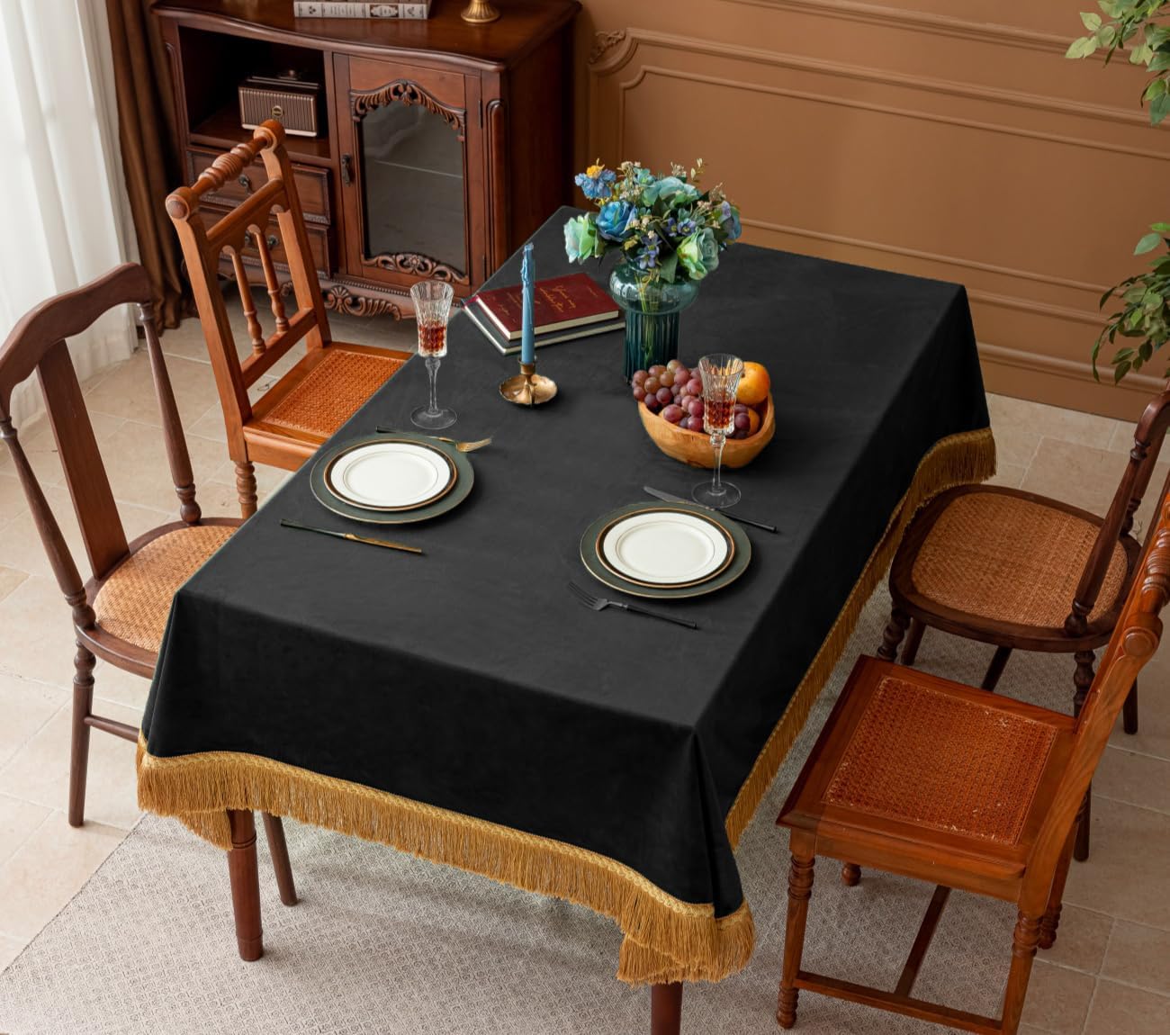 F-CHU Luxury Black Tablecloth Thickset Velvet Tablecloth with Beautiful Gold Tassels Vintage Table Cloth for Home Decor Wedding, Party, Banquet and Events 67x120-Inch