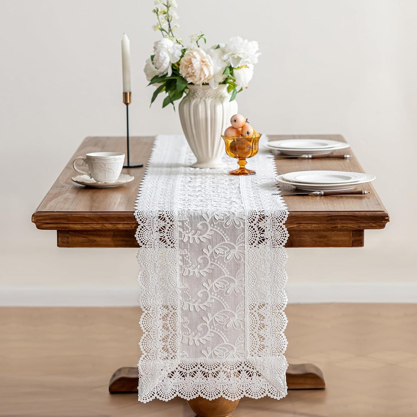 White Elegant Vintage Lace Table Runner,Wedding Lace Decor with Floral Embroidery,Tea Party Decor (White, 13.8X71 Inches)