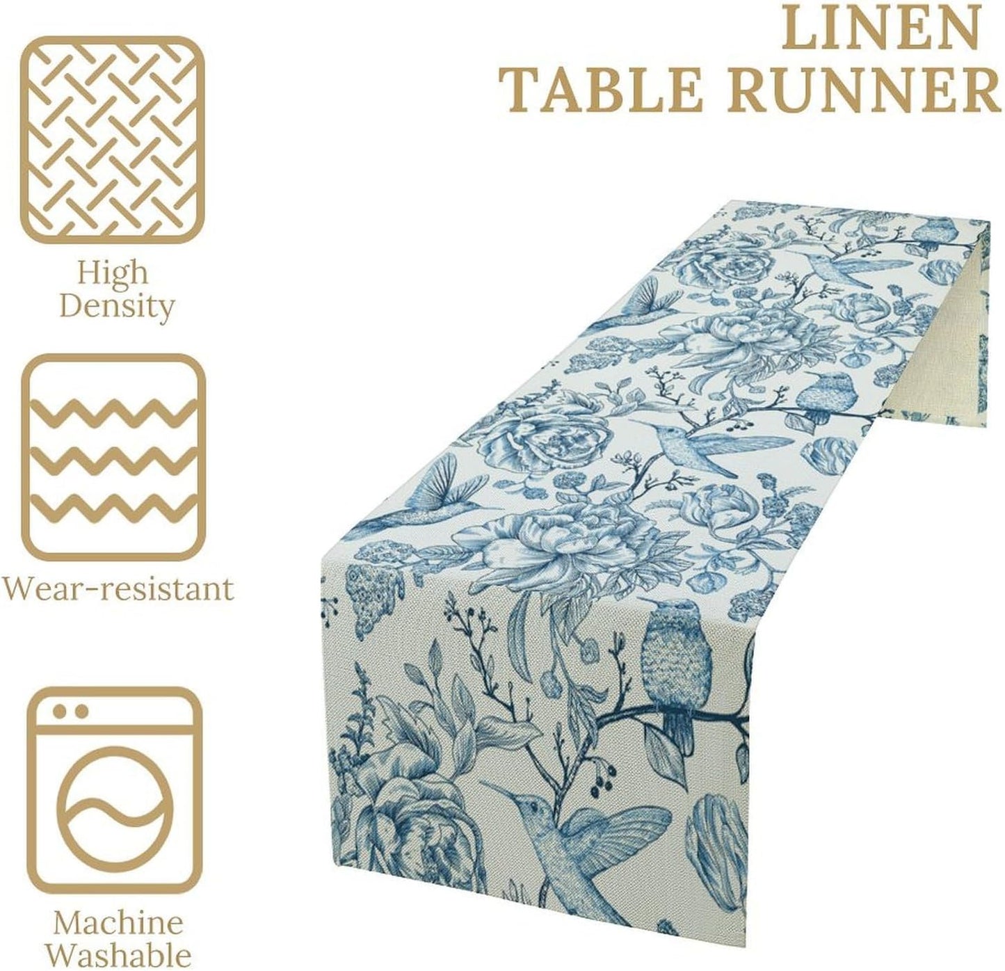 Blue White Table Runner Retro Monochrome Sketch Birds Flower Vintage Floral Kitchen Dining Table Decoration for Home Party Holiday 13"x120"