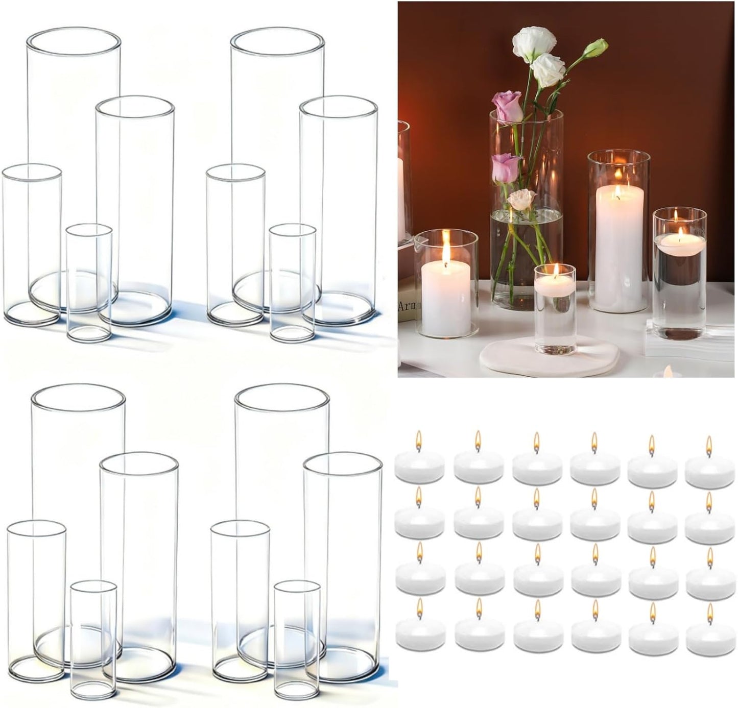 UDU Set of 16 Cylinder Glass Vases and 24 Pcs Floating Candles for Centerpiece, 4,6,8,10 Inch Tall Clear Hurricane Candle Holder Glass Vases for Centerpiece Table Wedding Home Decor