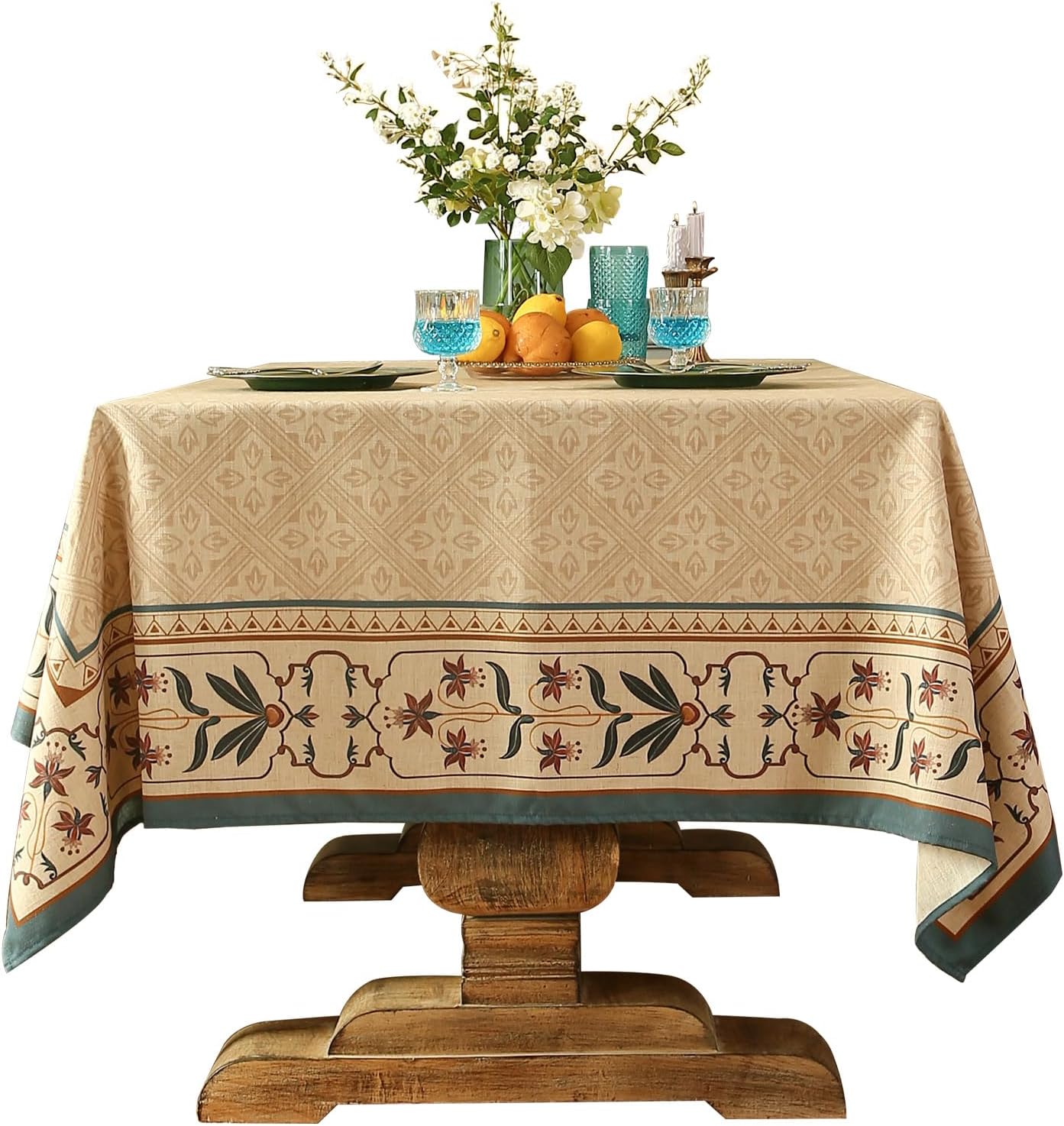 patdrea Designer French Linen Extra Long Tablecloth for Rectangle Table,Beige Anti-Wrinkle Floral Farmhouse Table Cloth,Decor Covers for Kitchen Dining,Party,Christmas,Thanksgiving,67"x118"-Fram