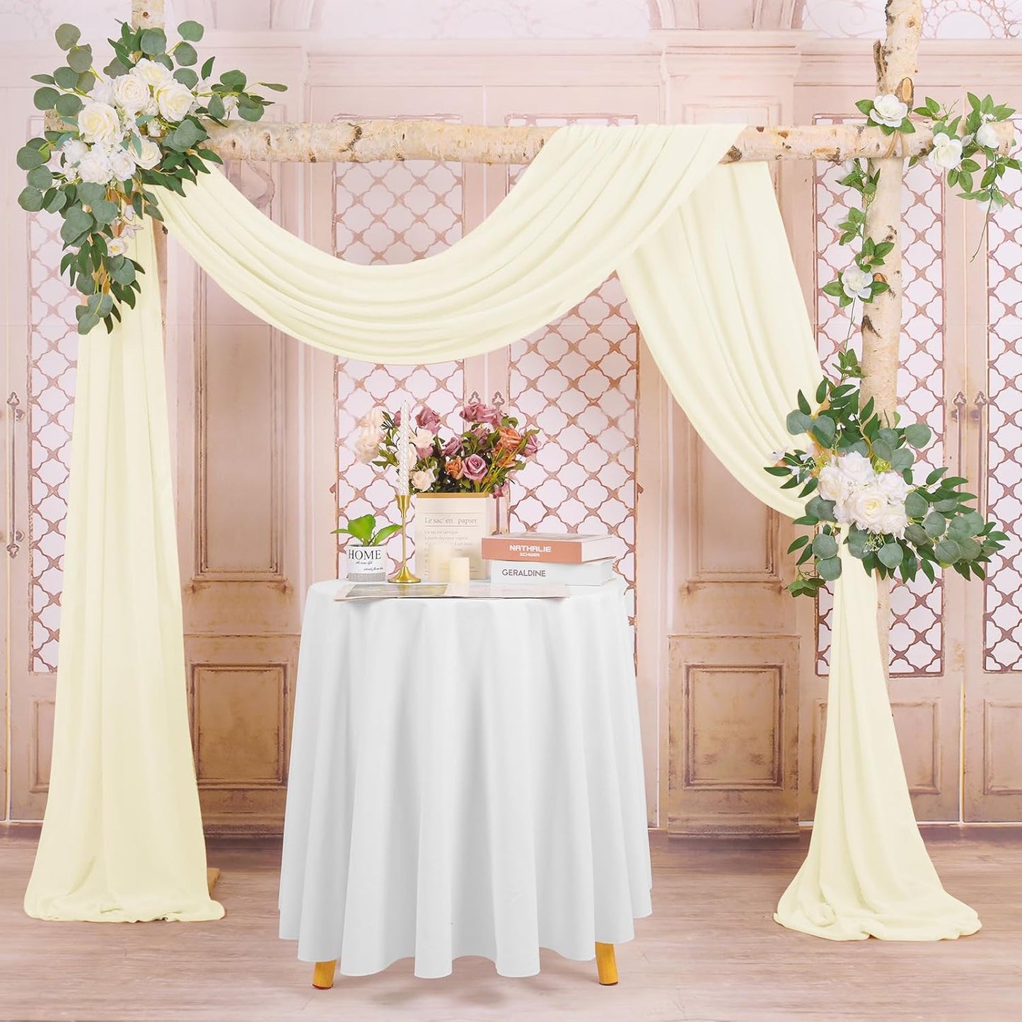 Wedding Arch Draping Fabric, 4 Panels 28" x20ft Ivory Wedding Arch Drapes, Sheer Chiffon Curtain Arbor Drapery Ceiling Drapes Sheer Backdrop Curtains for Wedding Ceremony Party Ceiling Decor
