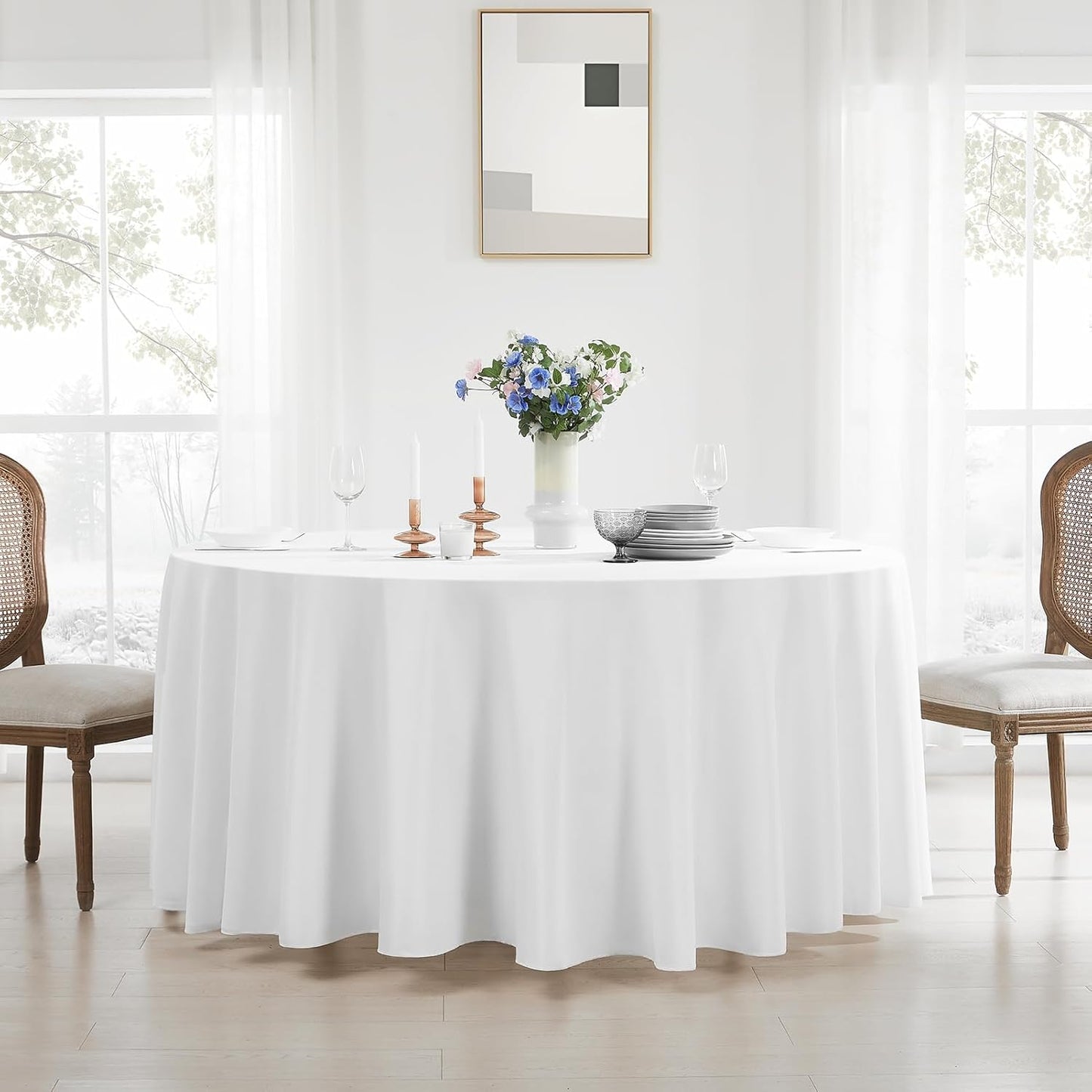 Round Tablecloth 132 Inch 6 Pack White Tablecloths Washable Decorative Linen Polyester Table Clothes Cover for Dining Table Banquets Buffet Parties and Wedding